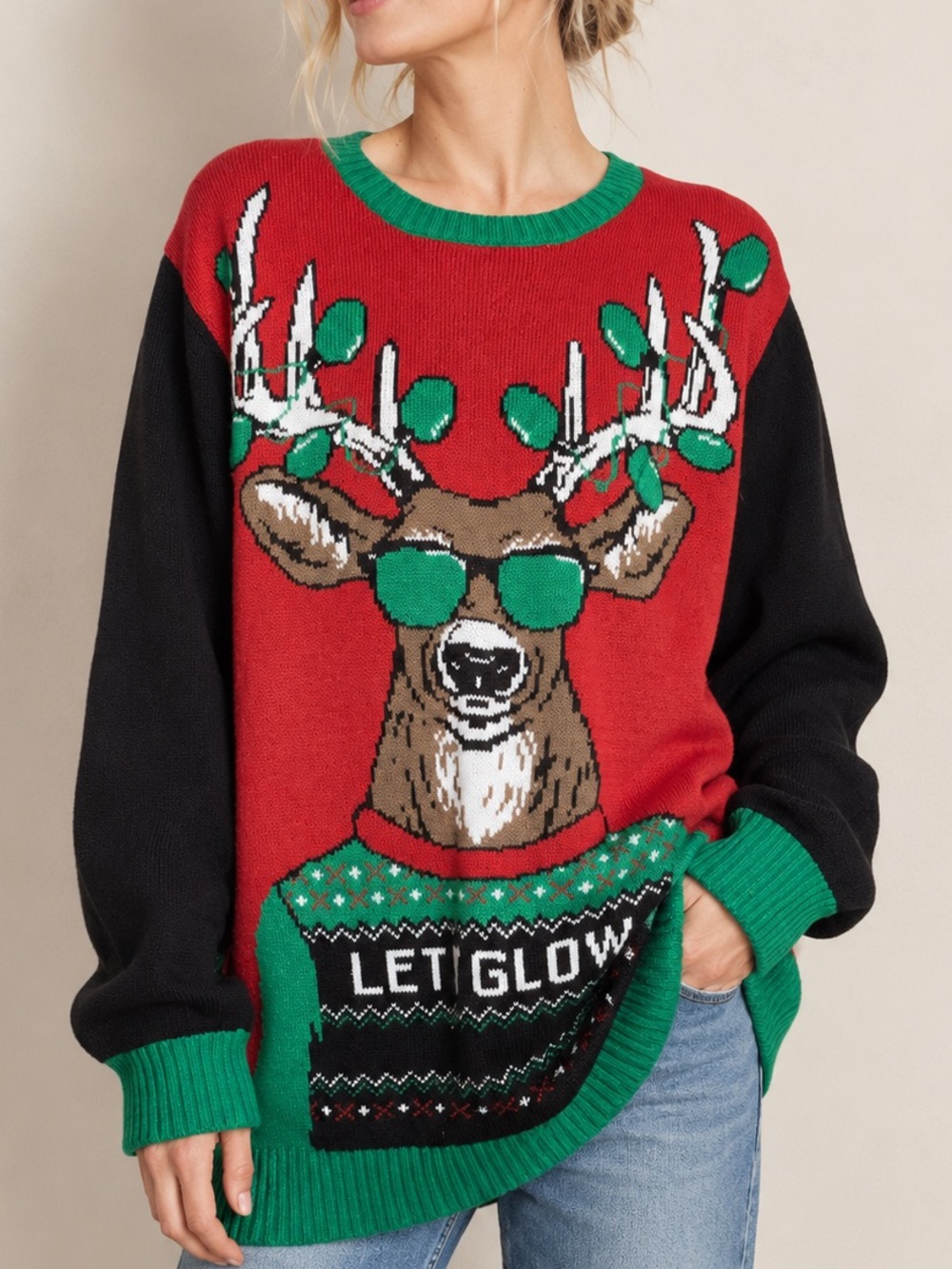 Let It Glow Reindeer LED Light-Up Ugly Christmas Sweater Unisex